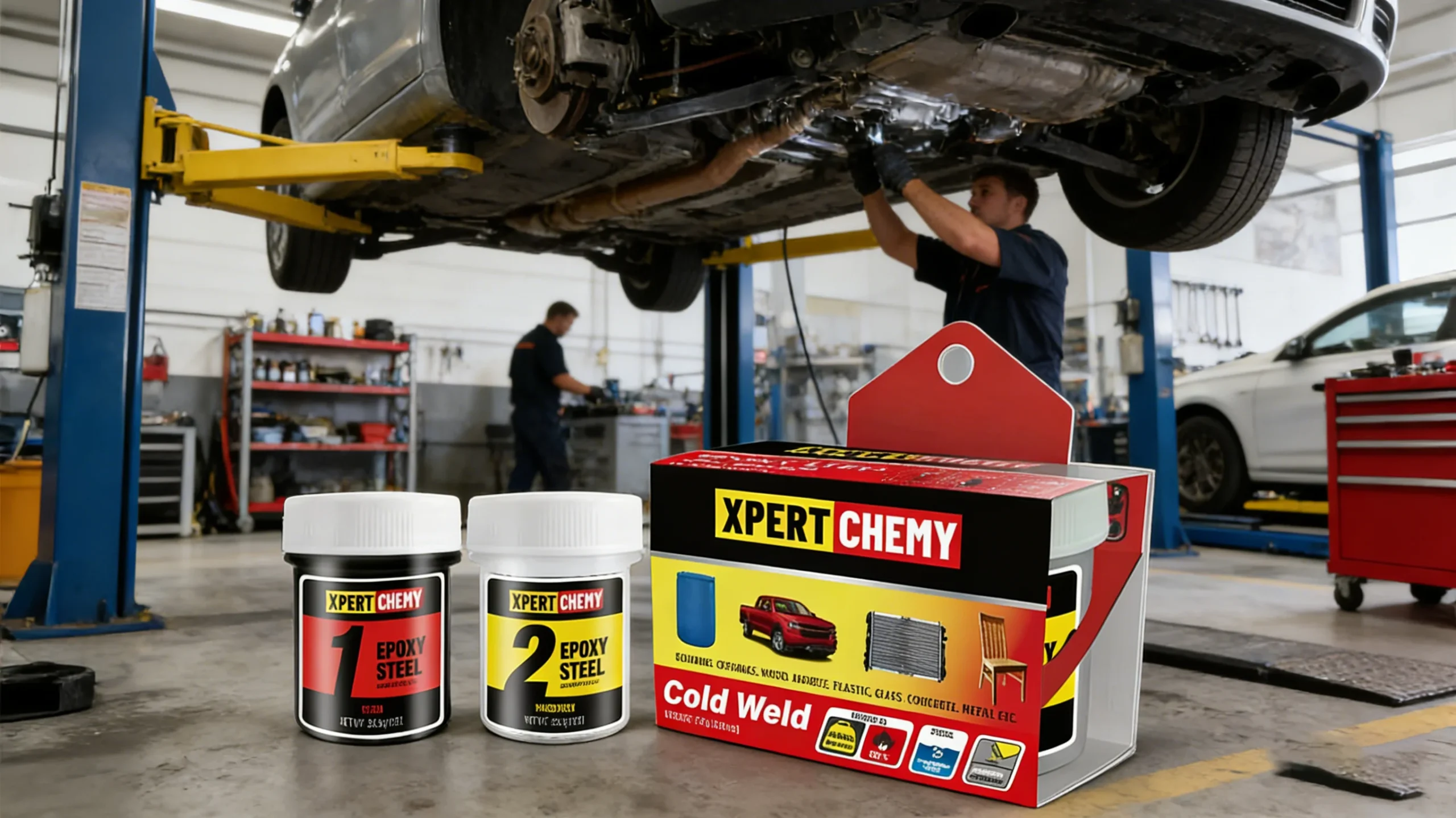 Cold weld epoxy automotive repair shop scene